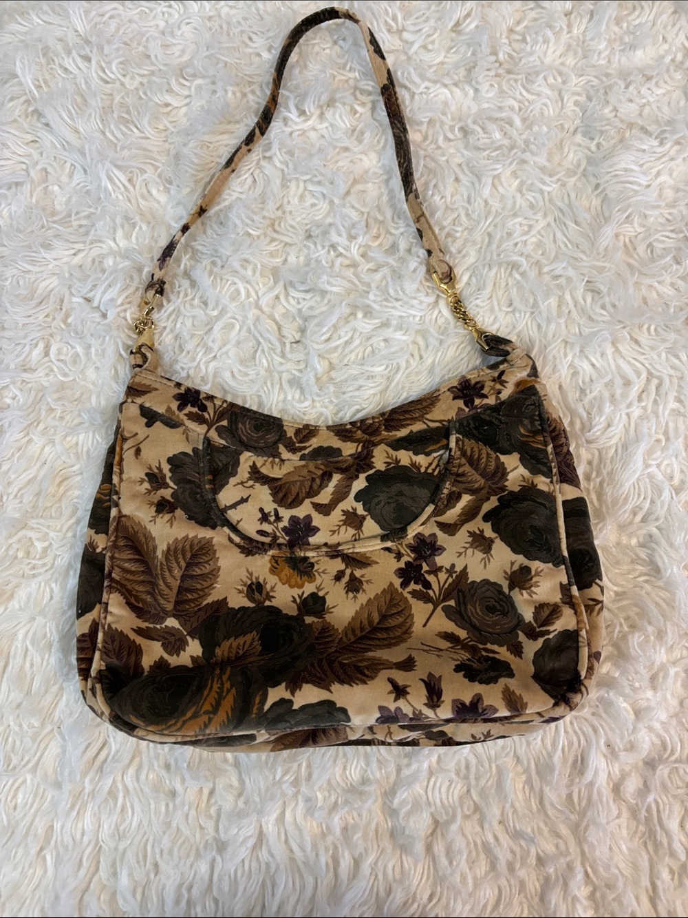 Vintage 1970/1980s Floral Velvet Shoulder Bag in Beige, Green and Brown